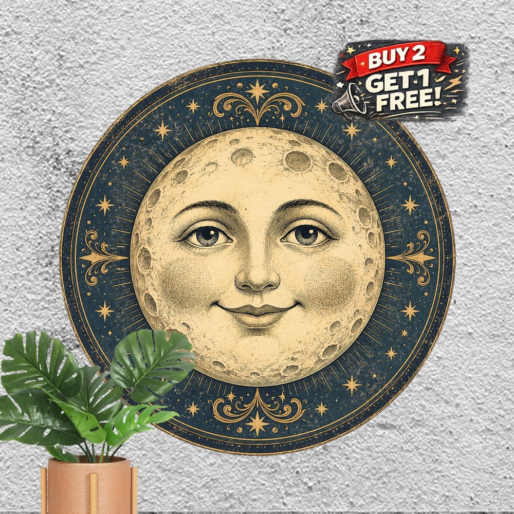 Antique Crescent Smiling Moon Face Round Metal Sign Room Decor Plaque 8x8