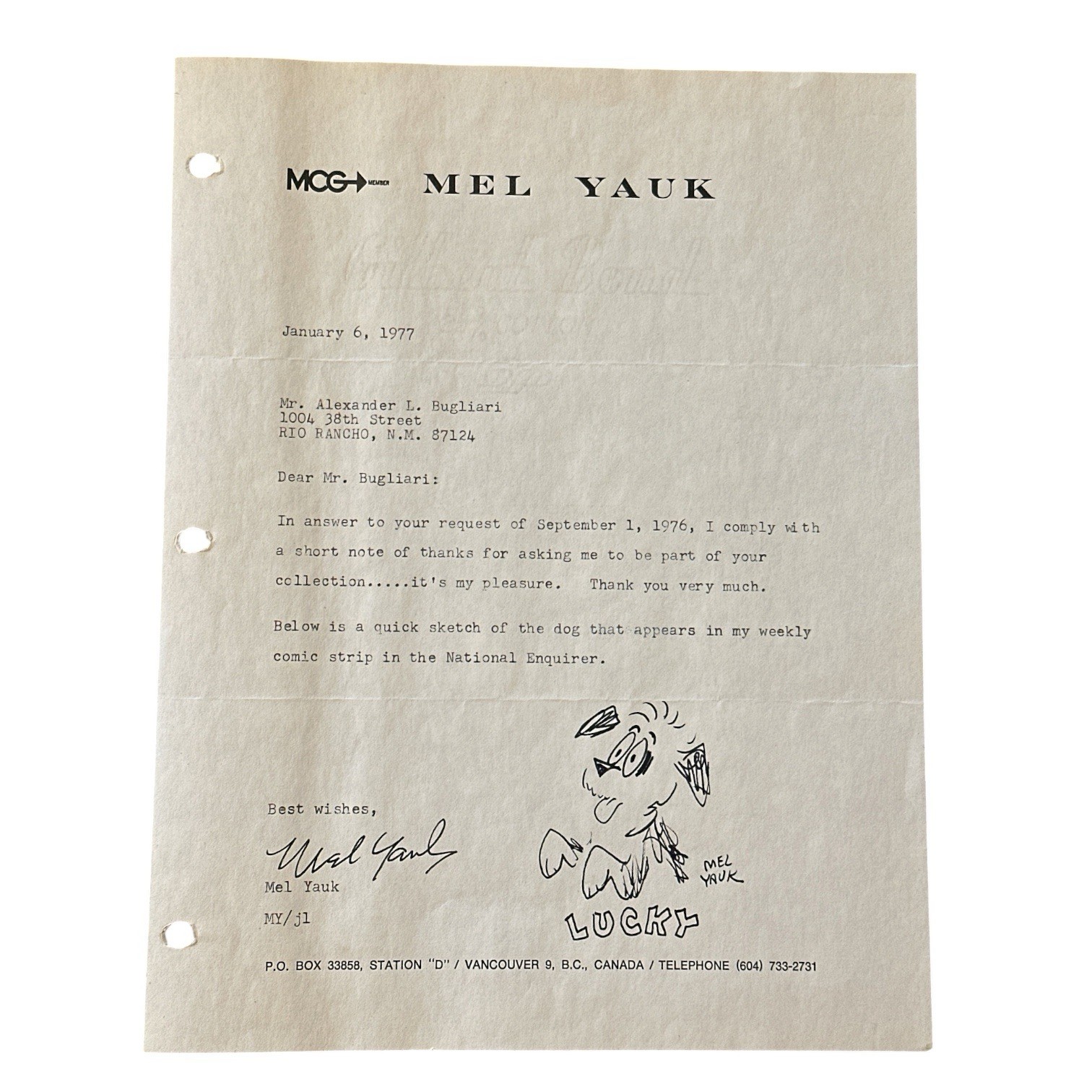 Mel Yauk Original Sketch on Typed Letter Signed “Life With Lucky” Comic Artist