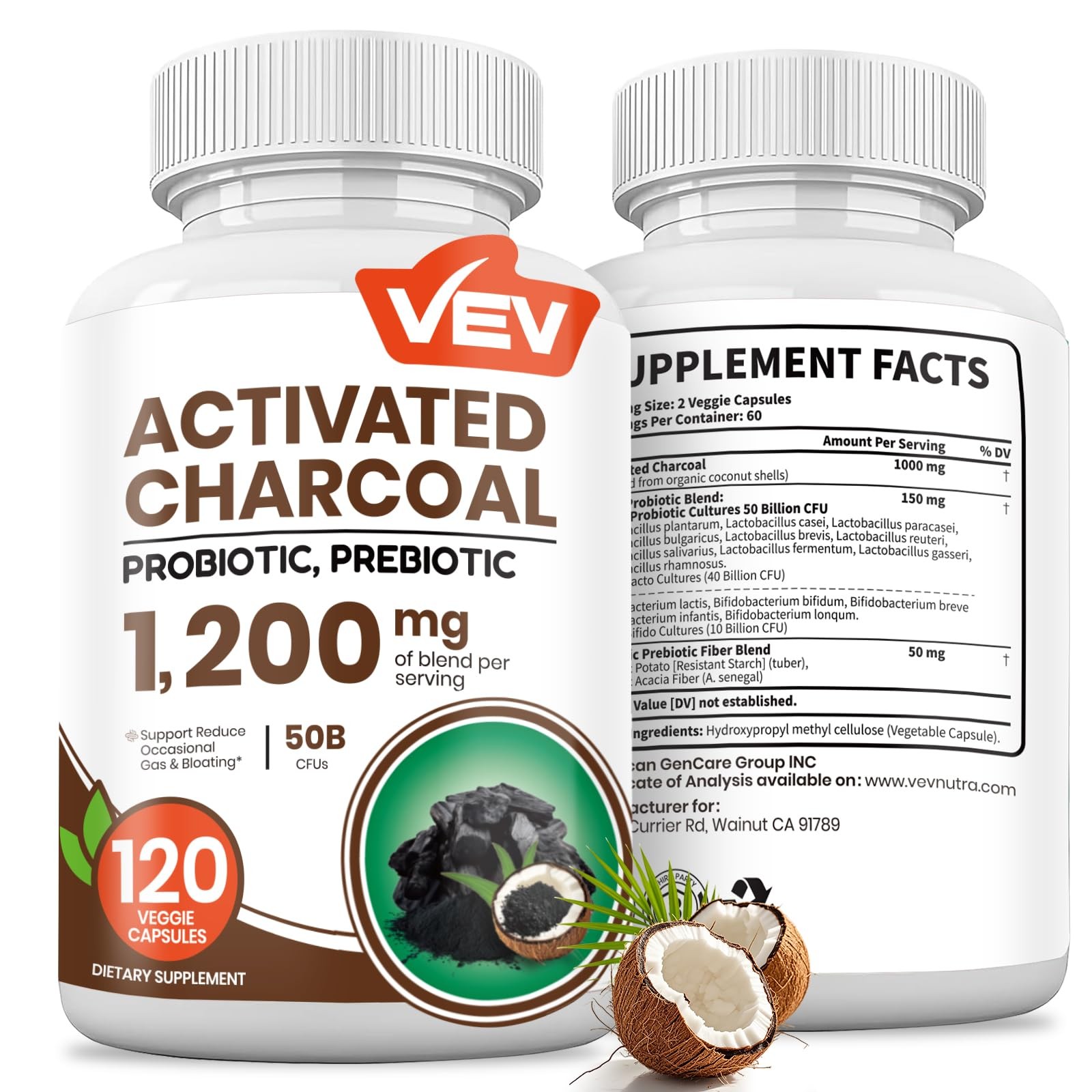 Activated Charcoal 120 Vegan Capsules | Organic Coconut Shell & 50B Probiotics -