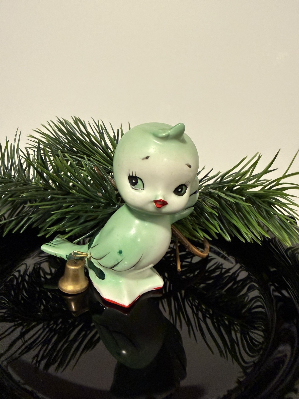 VTG Japan Anthropomorphic Green Bird Salt Shaker Rare With Bell Kitsch Christmas