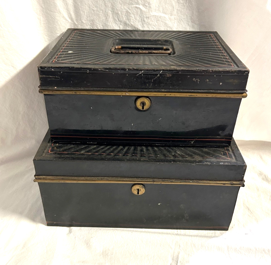 2 Antq Painted Black Tin  cash Bankers Boxes From The 1800's