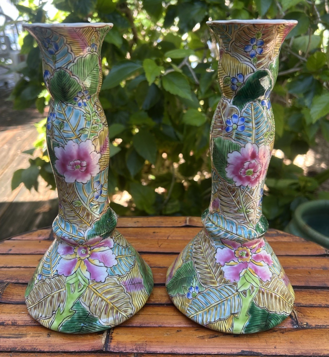 Antique VTG Pair Of Chinese Porcelain Tobacco Leaf Design Candle Holders