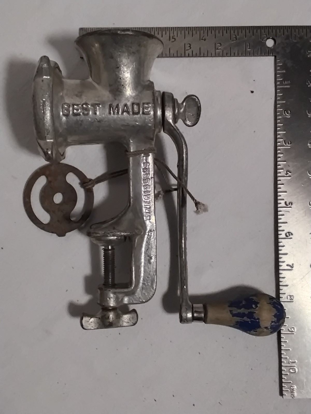 Vintage Best Made No 15 Meat Grinder with Blue Wooden Handle