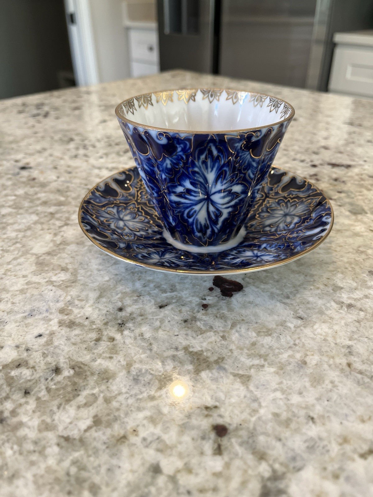Lomonosov Russian Vintage Porcelain Fluted Teacup and Saucer Set Cobalt