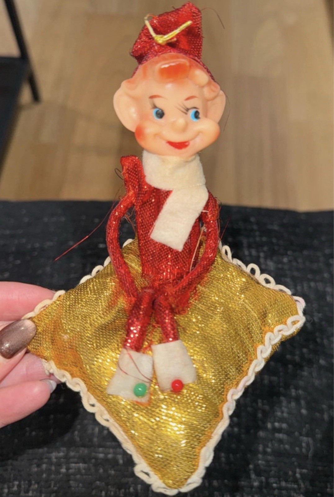 Vintage 1950s Red/Gold Metallic Knee Hugger Pixie Elf Ornament Japan Christmas