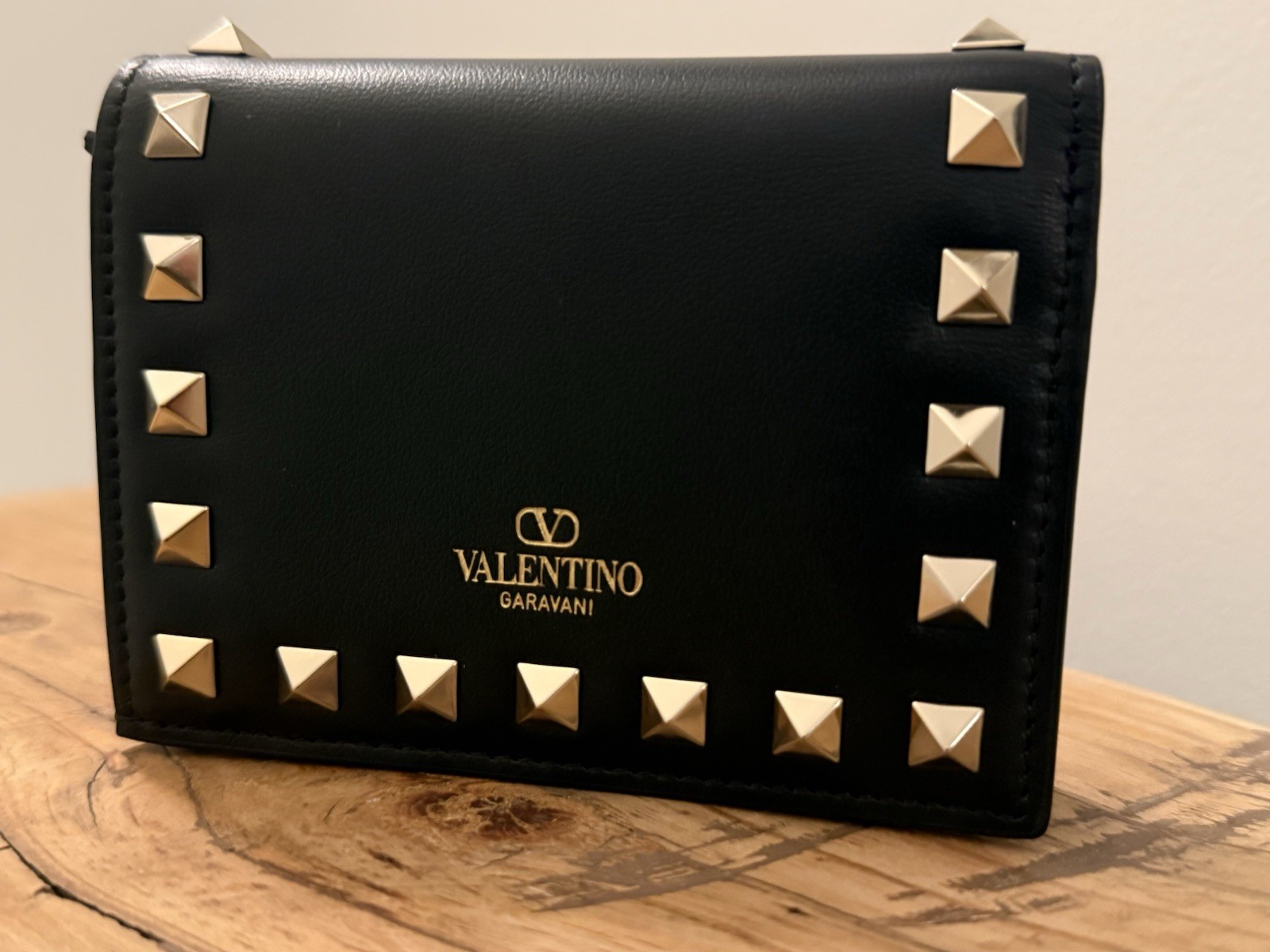 Valentino Garavani Black Leather Studded Logo Wallet w/ Zip Coin & Cards
