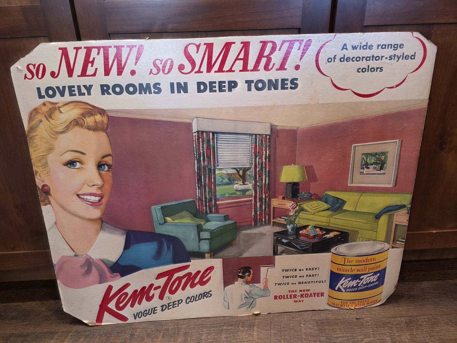 Vintage 1940s Kem-Tone Paint Sign Double Sided Cardboard Store Display.