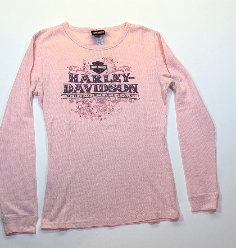 Pink Harley Davidson Women's Long Sleeve Thermal Shirt With Rhinestones Size (L)