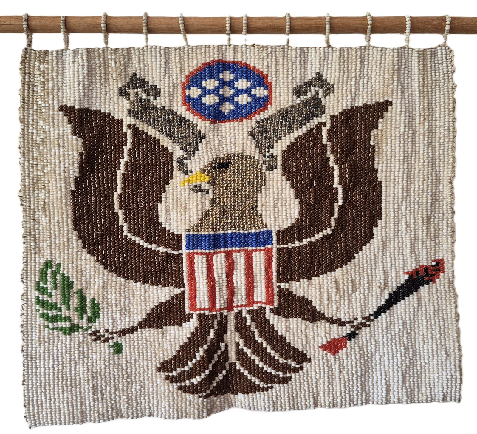 RARE ANTIQUE NATIVE AMERICAN SEED BEAD PATRIOTIC EAGLE SEAL BANNER WALL HANGING