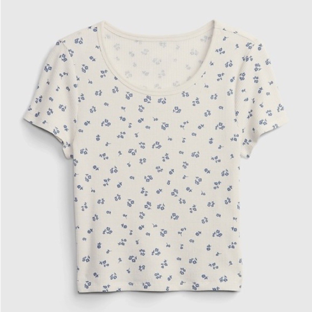 GAP Teen Waffle Knit Cream Ribbed Scoop Neck Tee Blue Floral Print Size 12