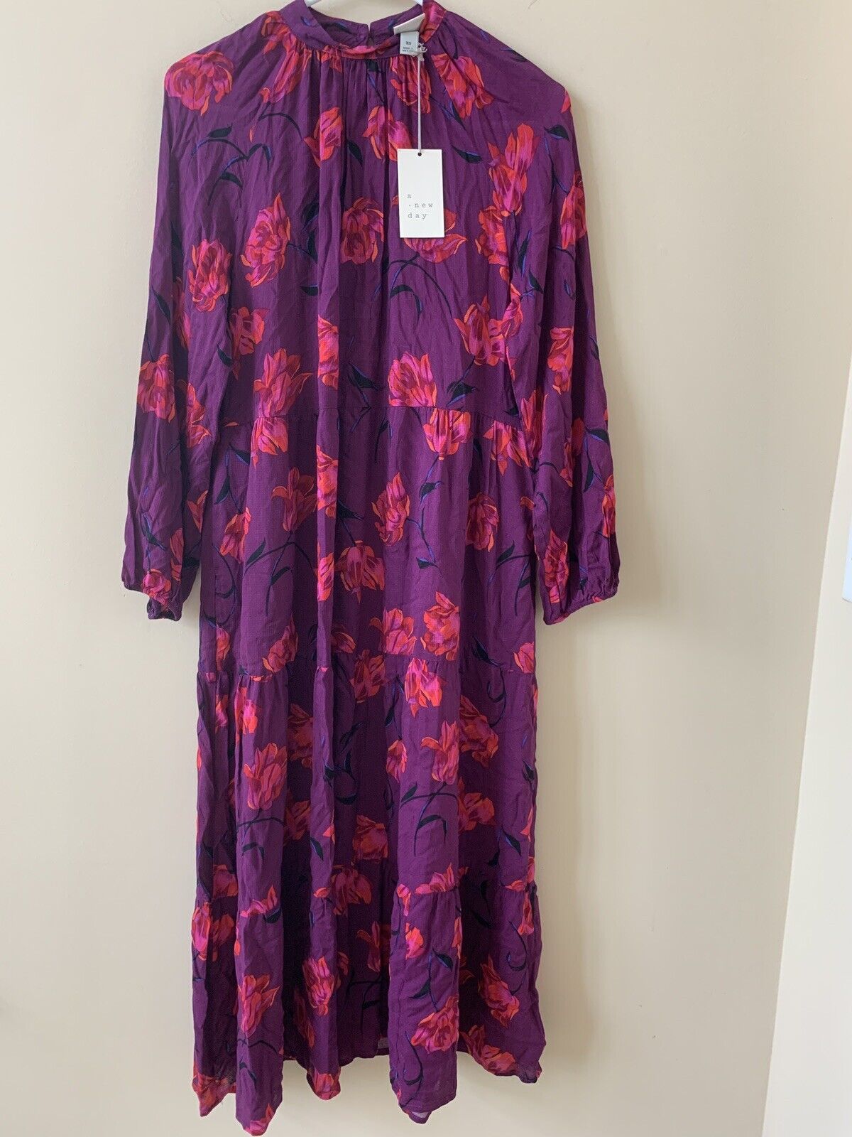Women\'s Floral Print Long Sleeve Tiered Dress - A New Day Dark Purple Size Small