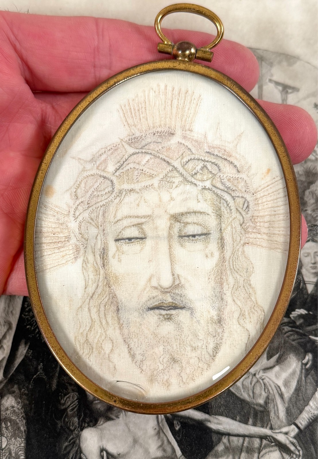 Antique Embroidered Miniature Veronica's Veil Holy Christ Portrait 19th C French