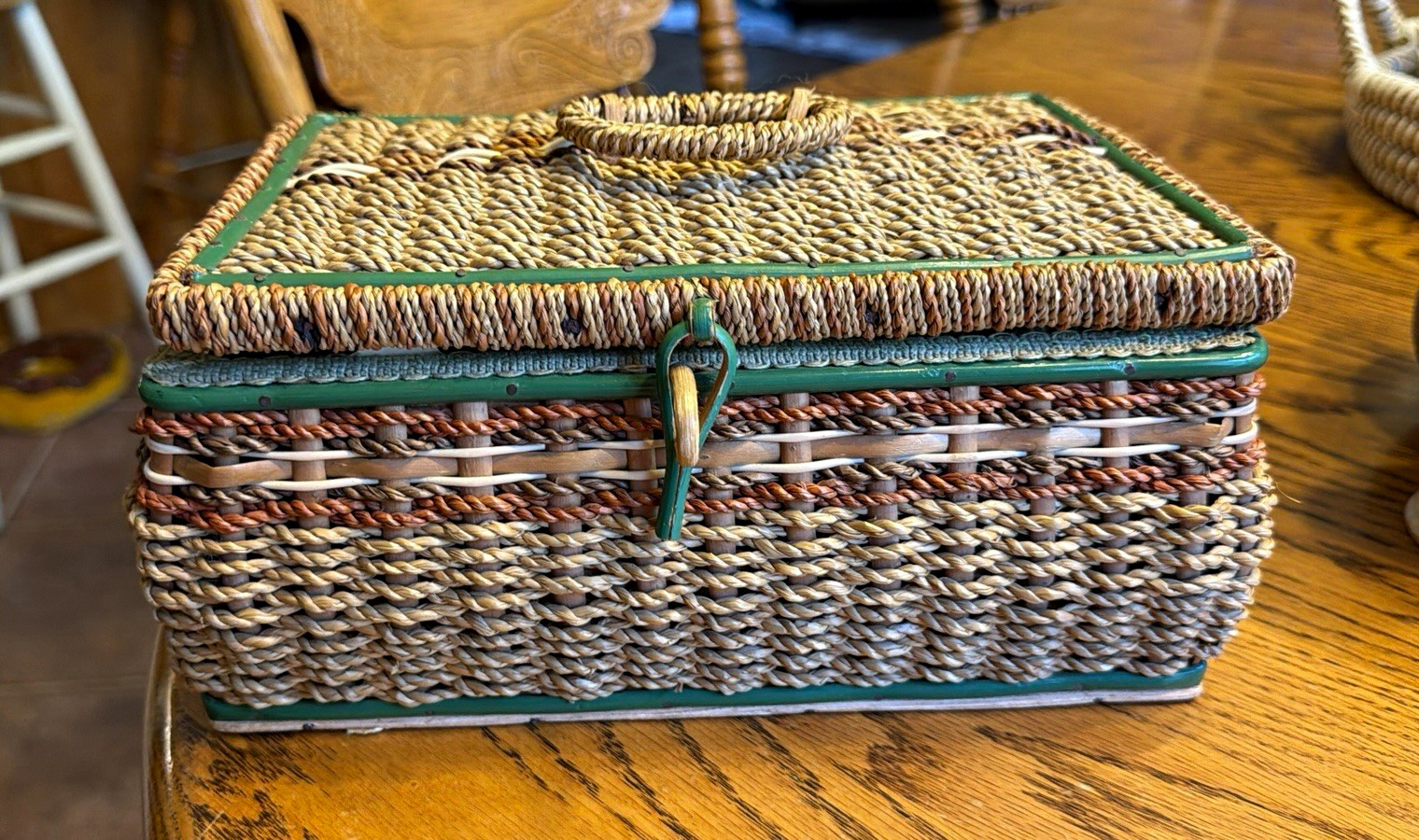 Vintage Woven Sewing Basket Tufted Satin Interior Includes Vintage Sewing Notion