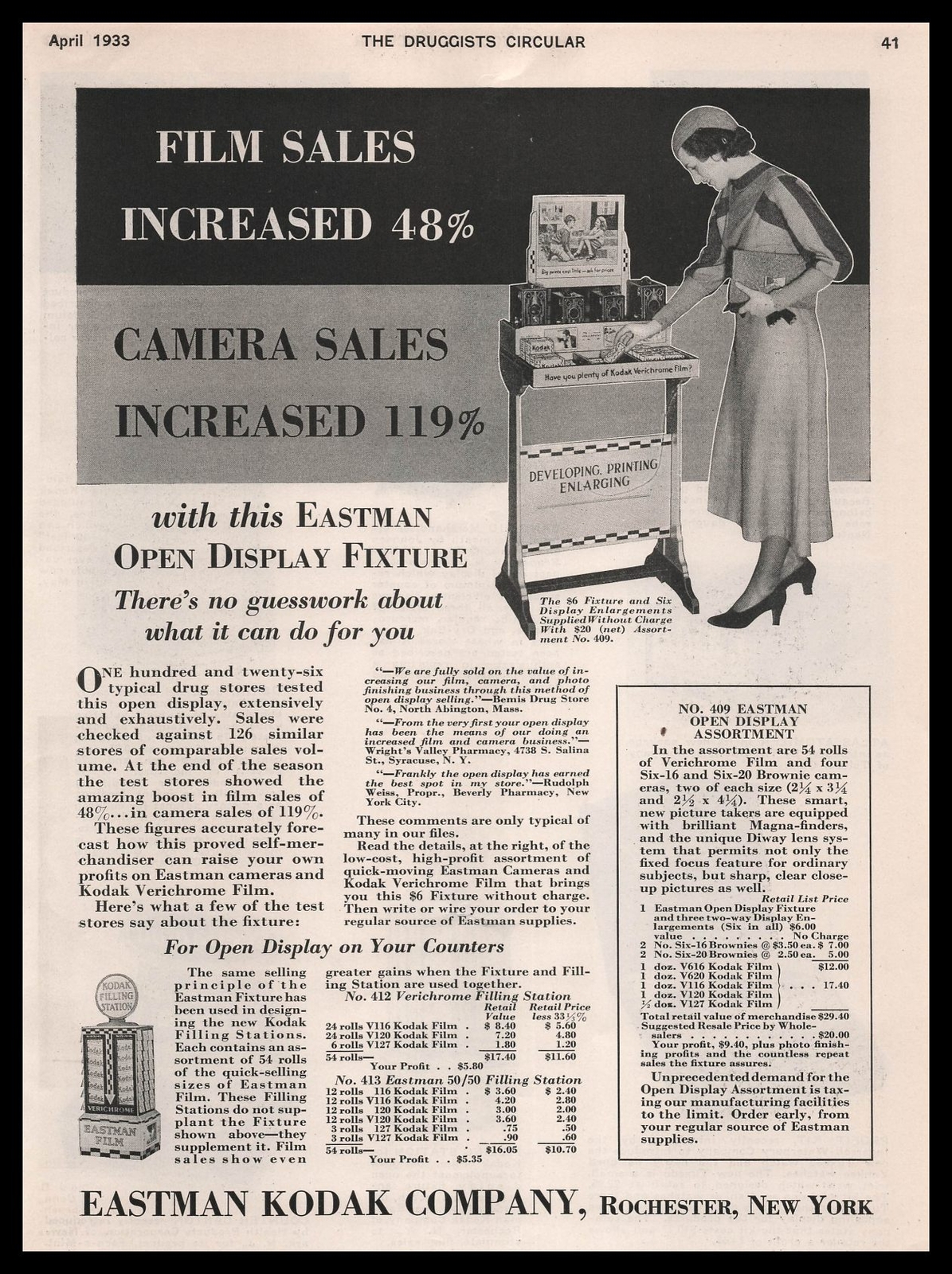 1933 Eastman Kodak Rochester New YOrk Open Display Drug Store Fixture Print Ad