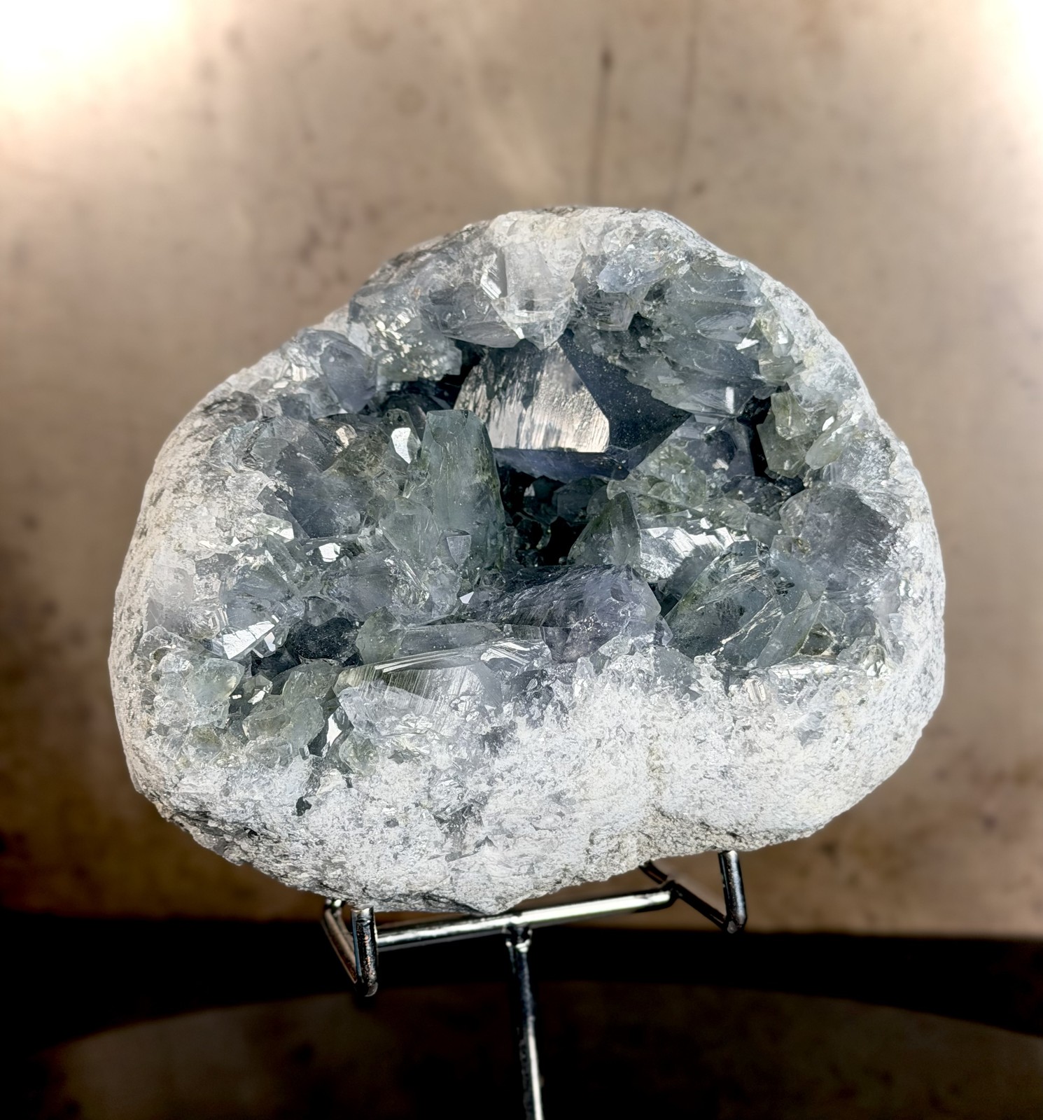 Blue-Grey Celestite Geode — Madagascar - Deep Cavity Crystal Specimen with Stand