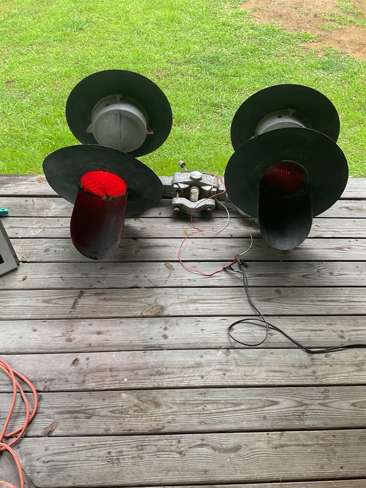 Vintage Railroad Crossing Signal Lights Pair Red Lenses Visors Hardware