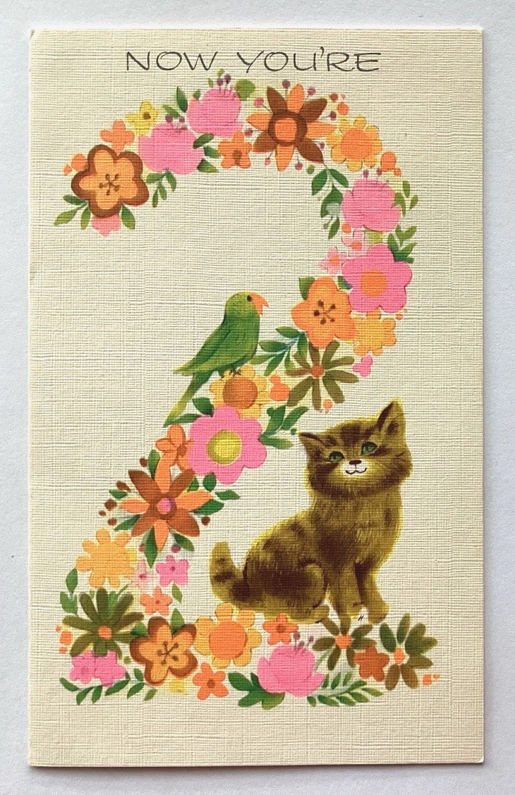 Vintage Happy Birthday Card SWEET KITTY CAT, NUMBER 2 IN FLOWERS, GREEN BIRD