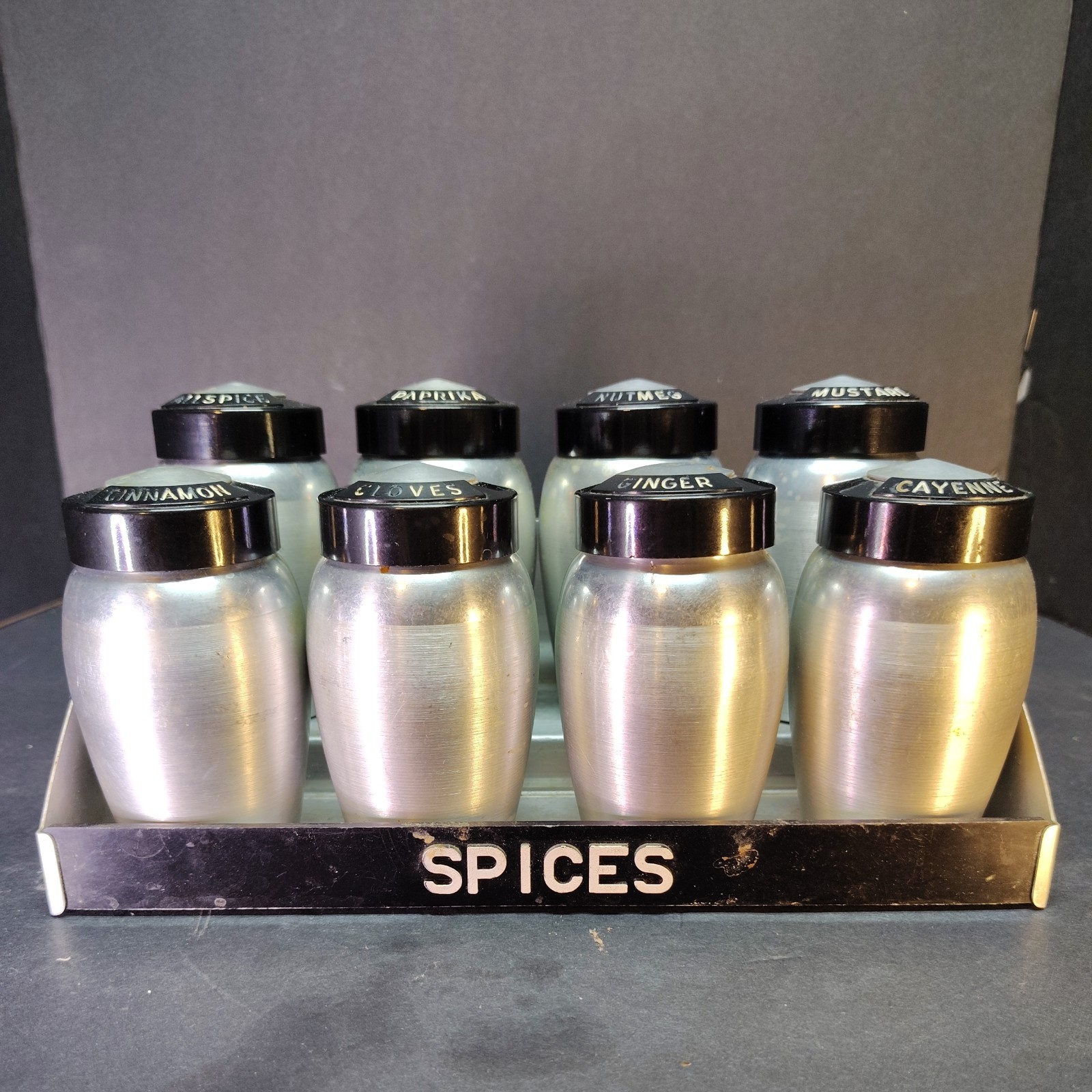 Vintage Kromex Spice Canister/Shaker Jars Set w/Lids Spun Aluminum Display Rack