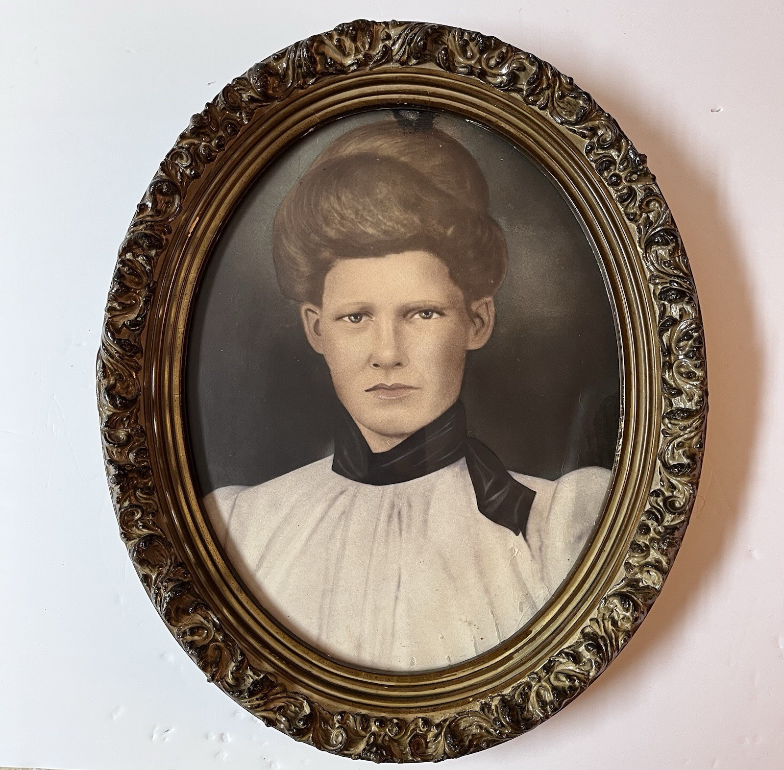 Antique c1900 Hand Colored Crayon Portrait Woman Ornate Oval Frame