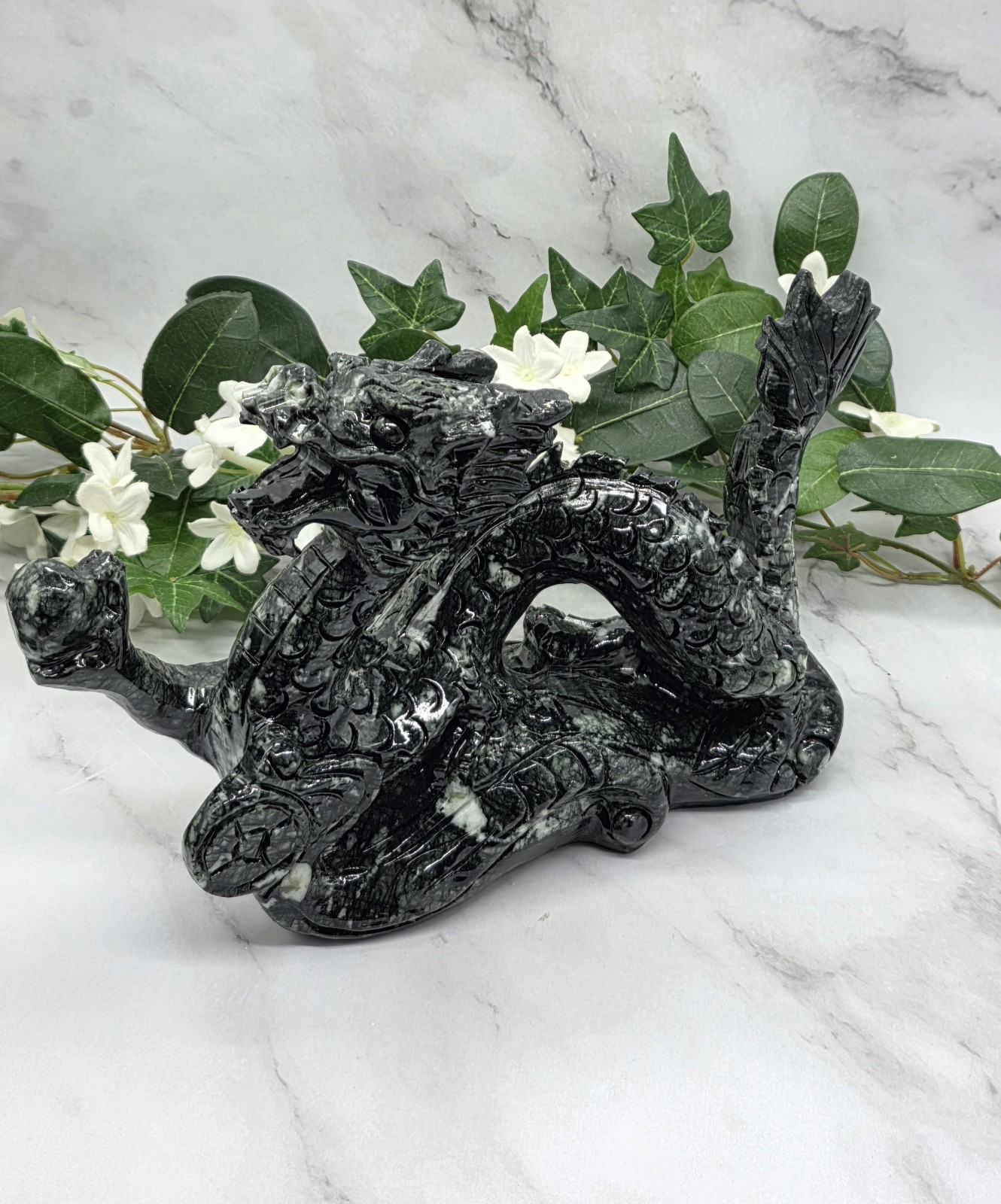 XL Black Jade Dragon Statue Feng Shui Serpentine Xiuyan Jade Large Crystal Drag