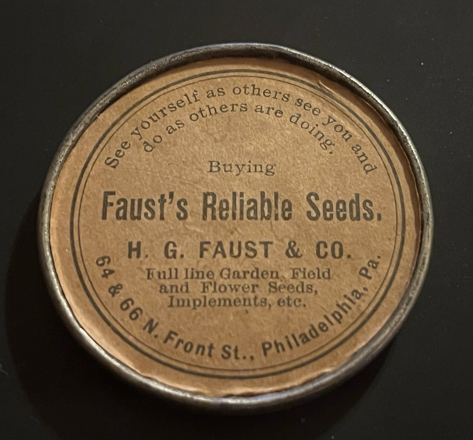 Antique 1890 Pocket Mirror H.G. Faust & Co. Seeds from Philadelphia, Pa