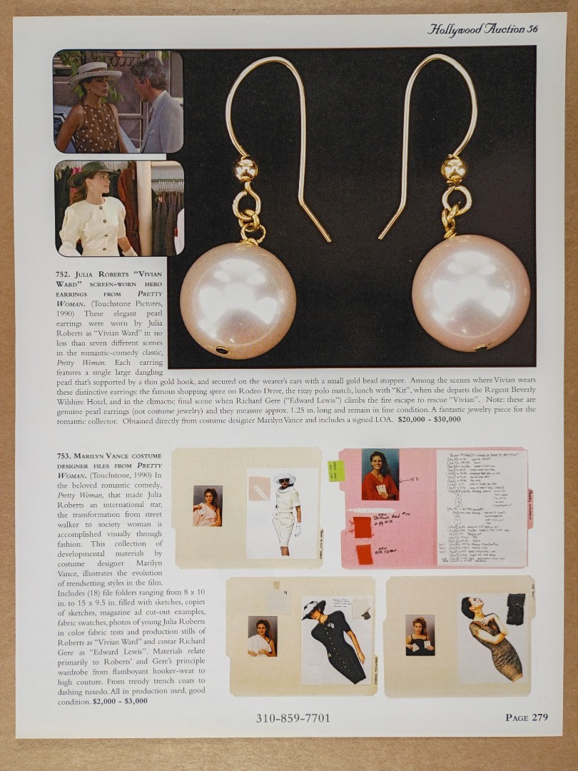 Pretty Woman Julia Roberts Screen-Worn Earrings 2013 auction catalog page
