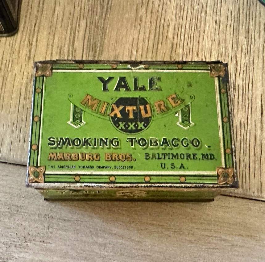 Yale Vintage Smoking Tobacco Tin Green Metal Hinged Lid Marburg Bros Baltimore