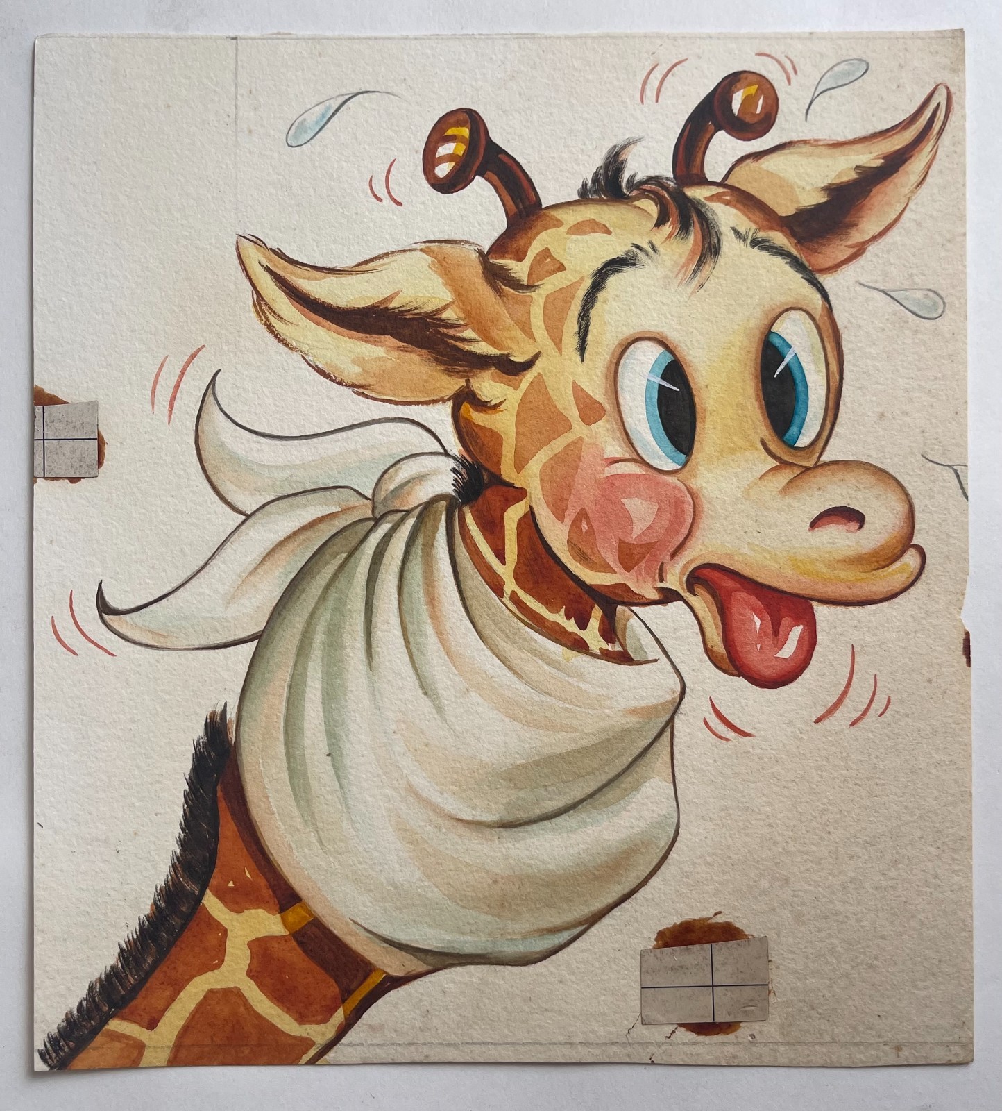 2 Vintage Original Get Well Greeting Card Illustration Art - Giraffes - 1940s