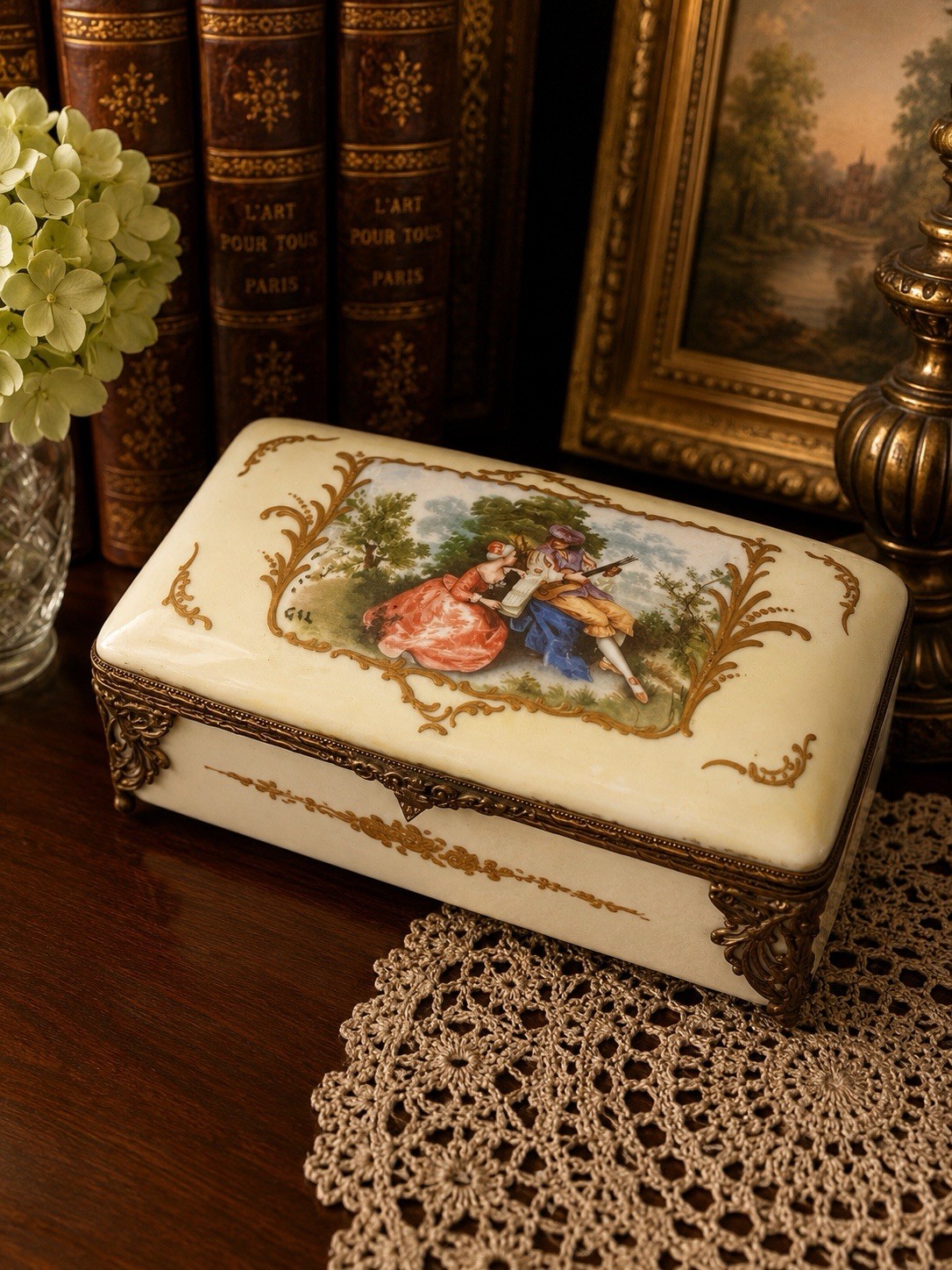 Antique FBS Porcelain Jewelry Casket Hand Painted Gilt Metal Footed Dresser Box
