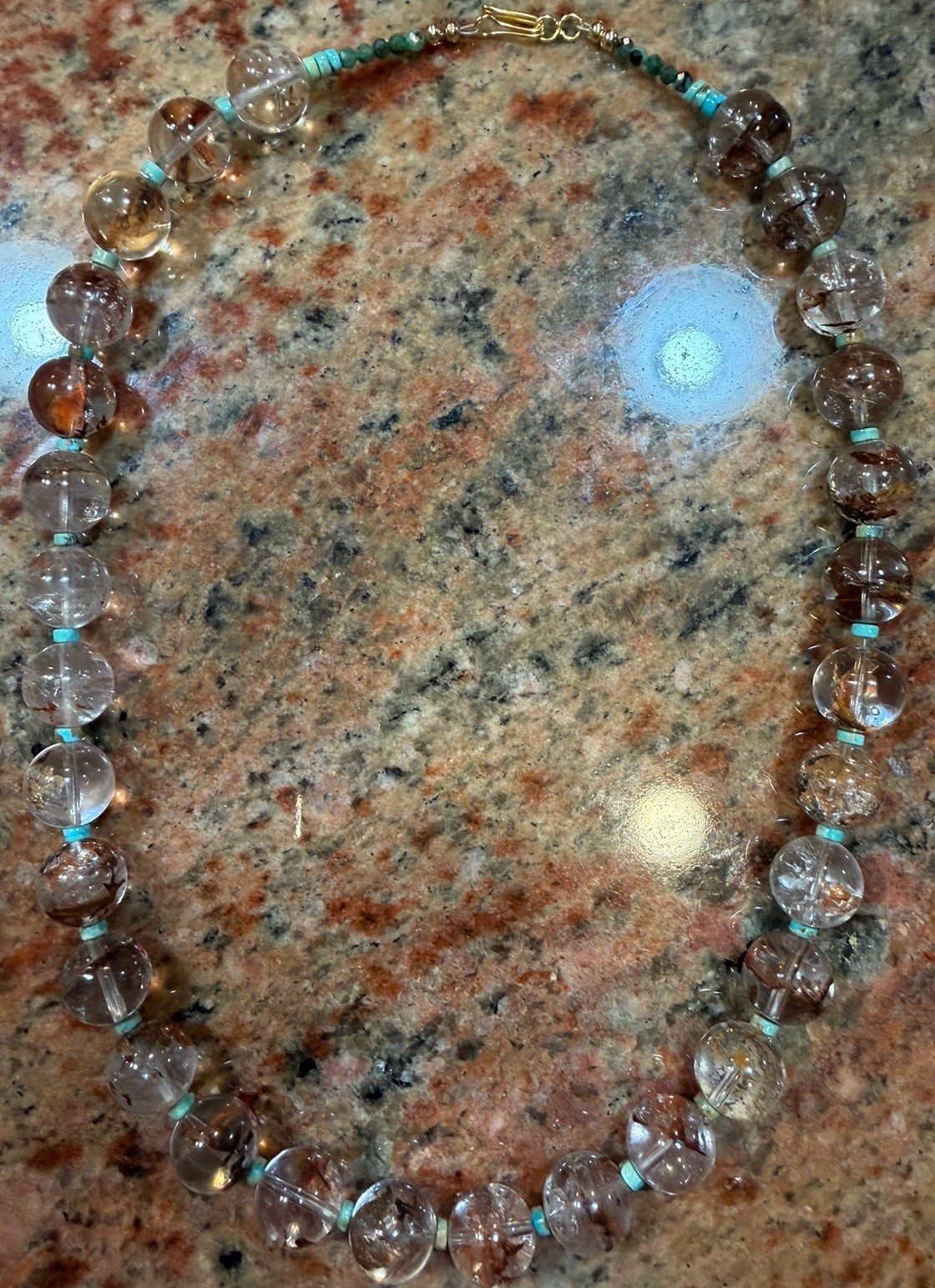 Native American Red Phantom Quartz Necklace, Turquoise Heishi, Faceted Emeralds