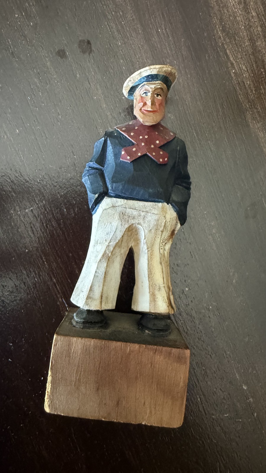 Vintage Quebec Folk Art Hand Carved Wood Sailor Figure Signed Hand Painted 4.25\