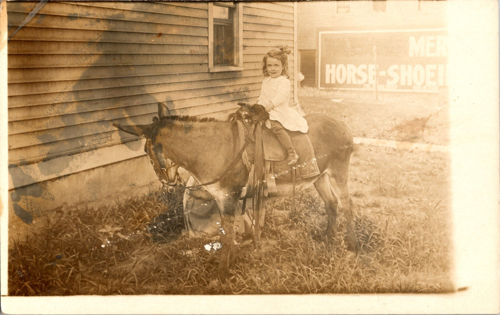 Girl on Horse RPPC Horse-Shoeing Shop Sign Blacksmith Farrier Photo Postcard