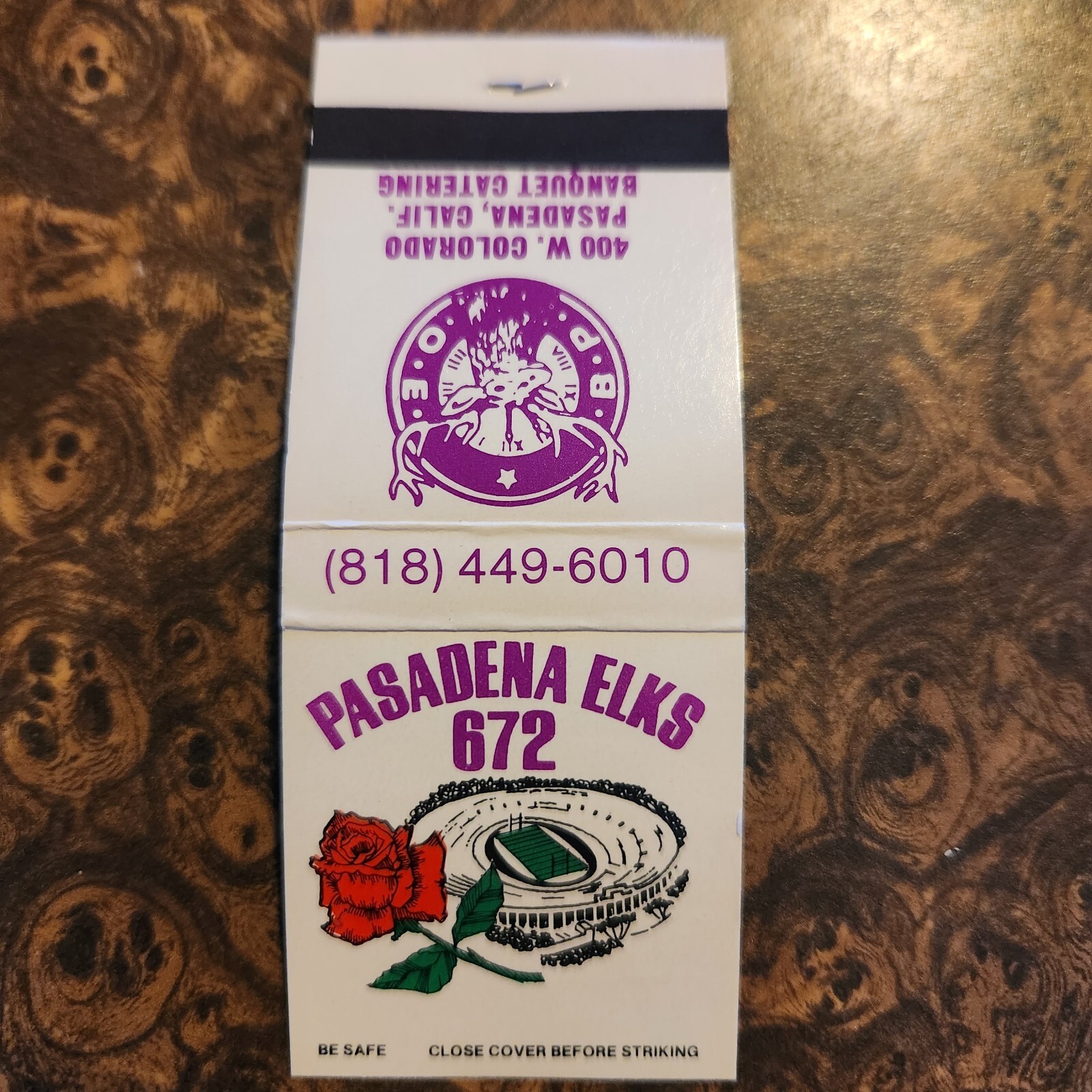 Rare Vintage Matchbook Cover  California Pasadena Elks No 672 BPOE New Old Stock