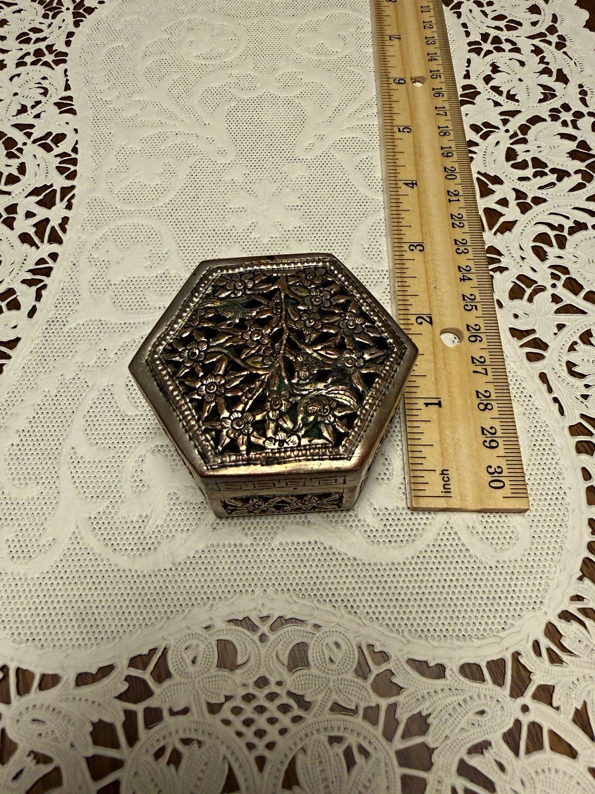 Antique Victorian Hexagonal Trinket Box Floral Repousse Silver Tone