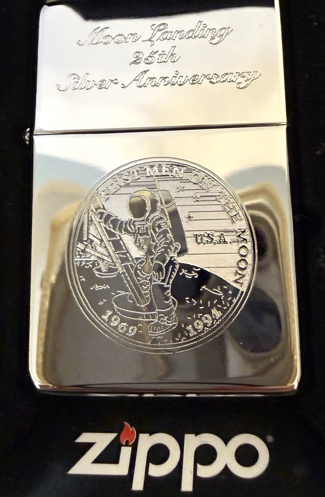 Zippo 1994 25th Anniversary Men on the Moon Unfired Orange Seal Intact Mint wBox