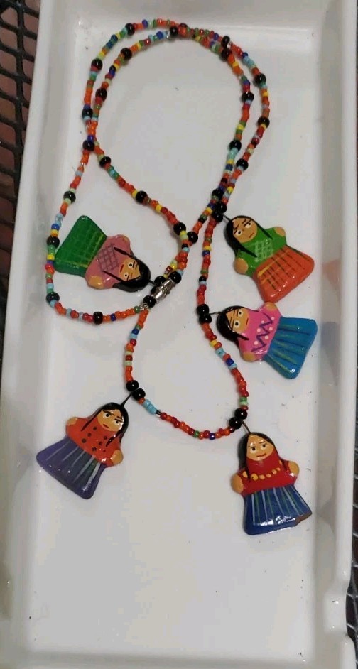 Artisan crafted vintage seed beadednecklace mexican dolls