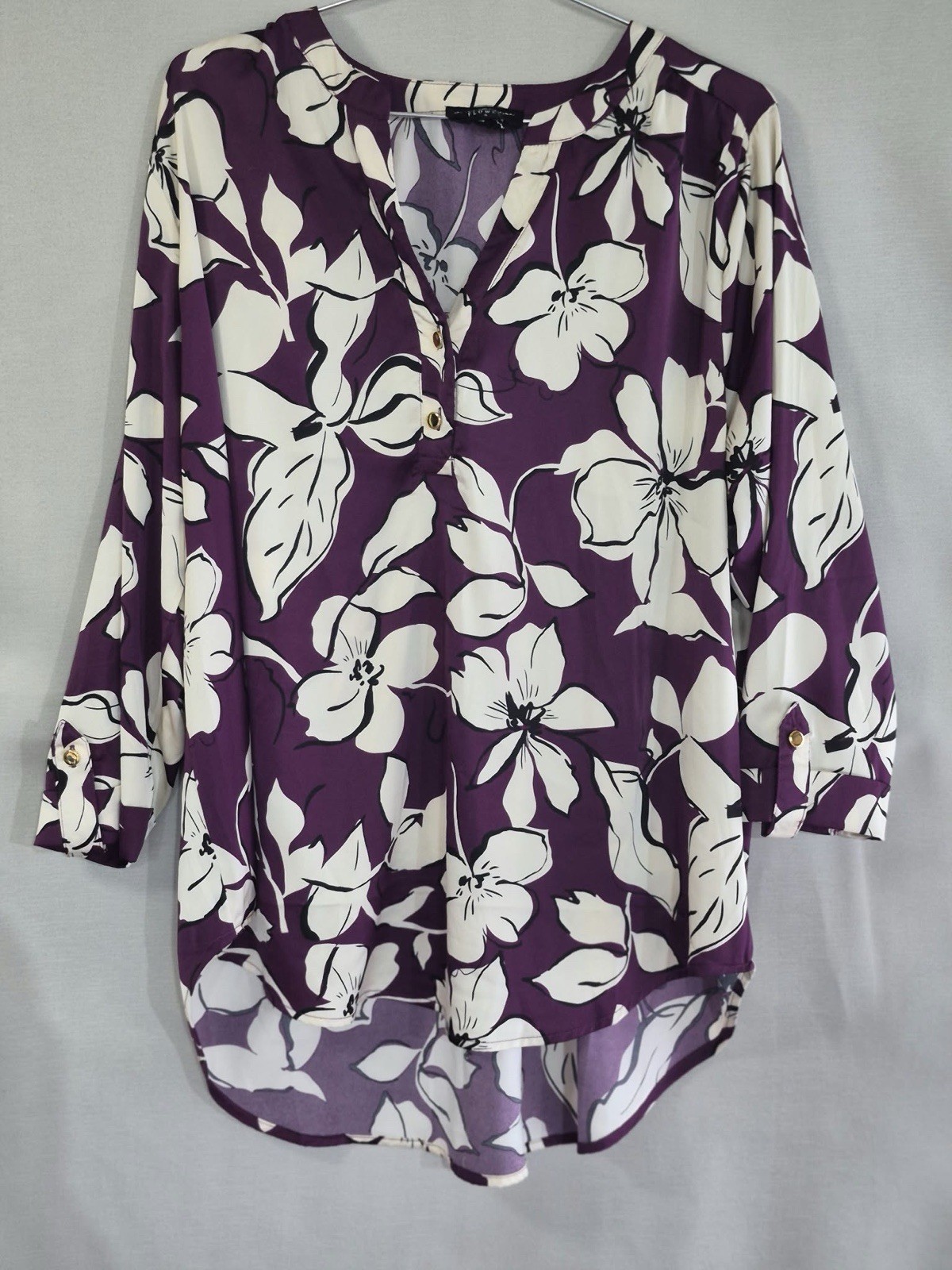 Floral Women\'s Blouse Purple & Cream Long Sleeve Size 1XL 