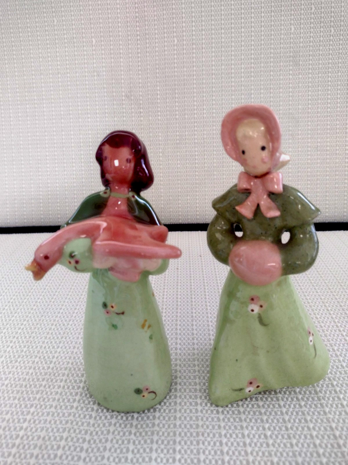 Jean Manley Ceramic Figurines of two ladies with bird