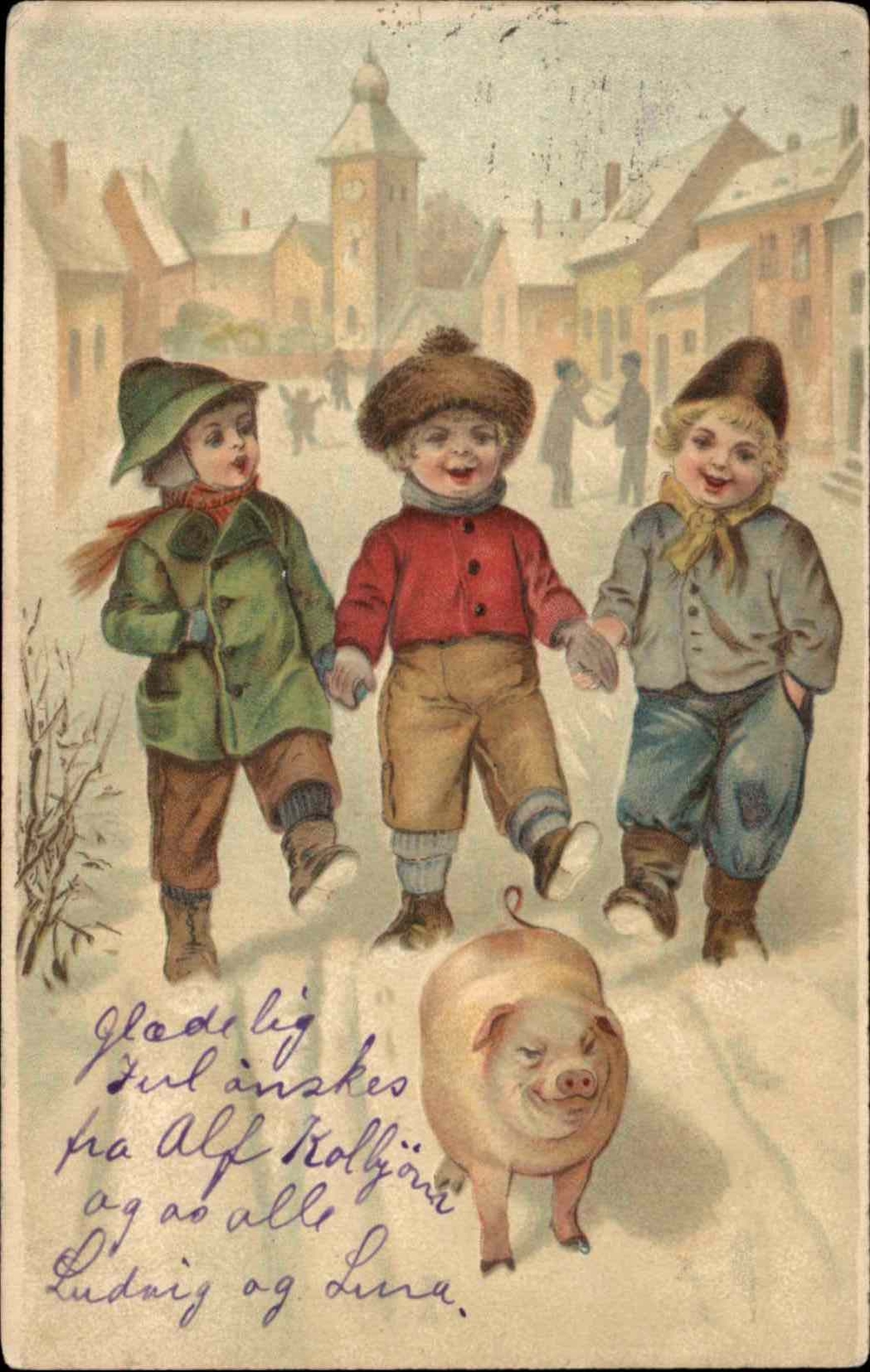 Little Boys on Snowy Street with Pig c1900 Vintage Postcard