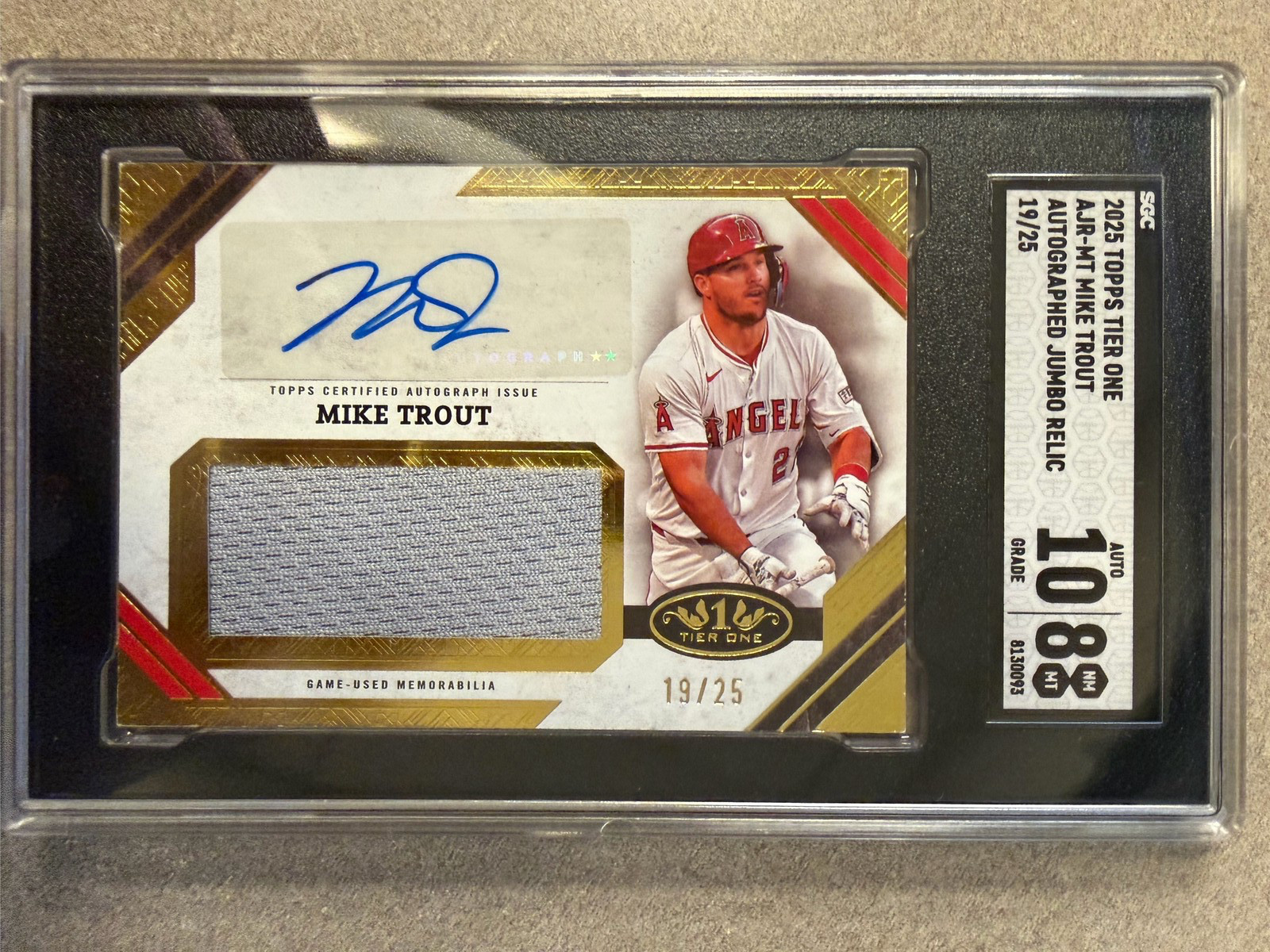 2025 Topps Tier One Mike Trout Auto Jumbo Relic 19/25 Angels SGC 10/8