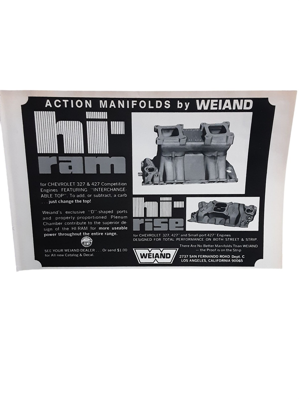 1971 Weiand Hi Ram Hi Riser Chevy 327 427 Action Manifolds Vintage Ad