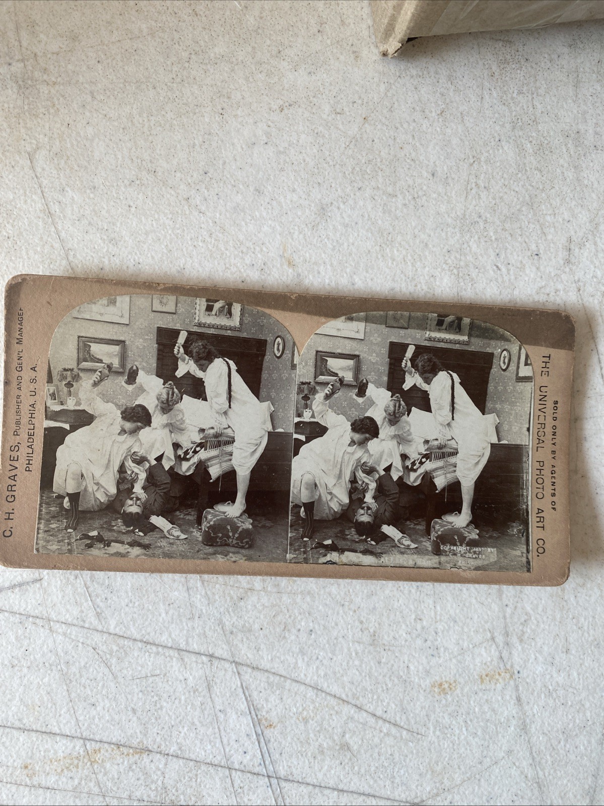 Antique Stereoview C.H. Graves Women Fight Man Scene Universal Photo Art Co. Antique Stereoview C.H. Graves Women Fight Man Scene Universal Photo Art Co.
