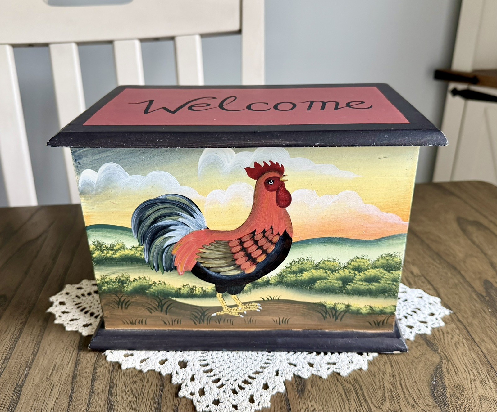 Vintage Hand Painted Wooden Rooster Welcome Storage Box | Rustic Farmhouse Decor