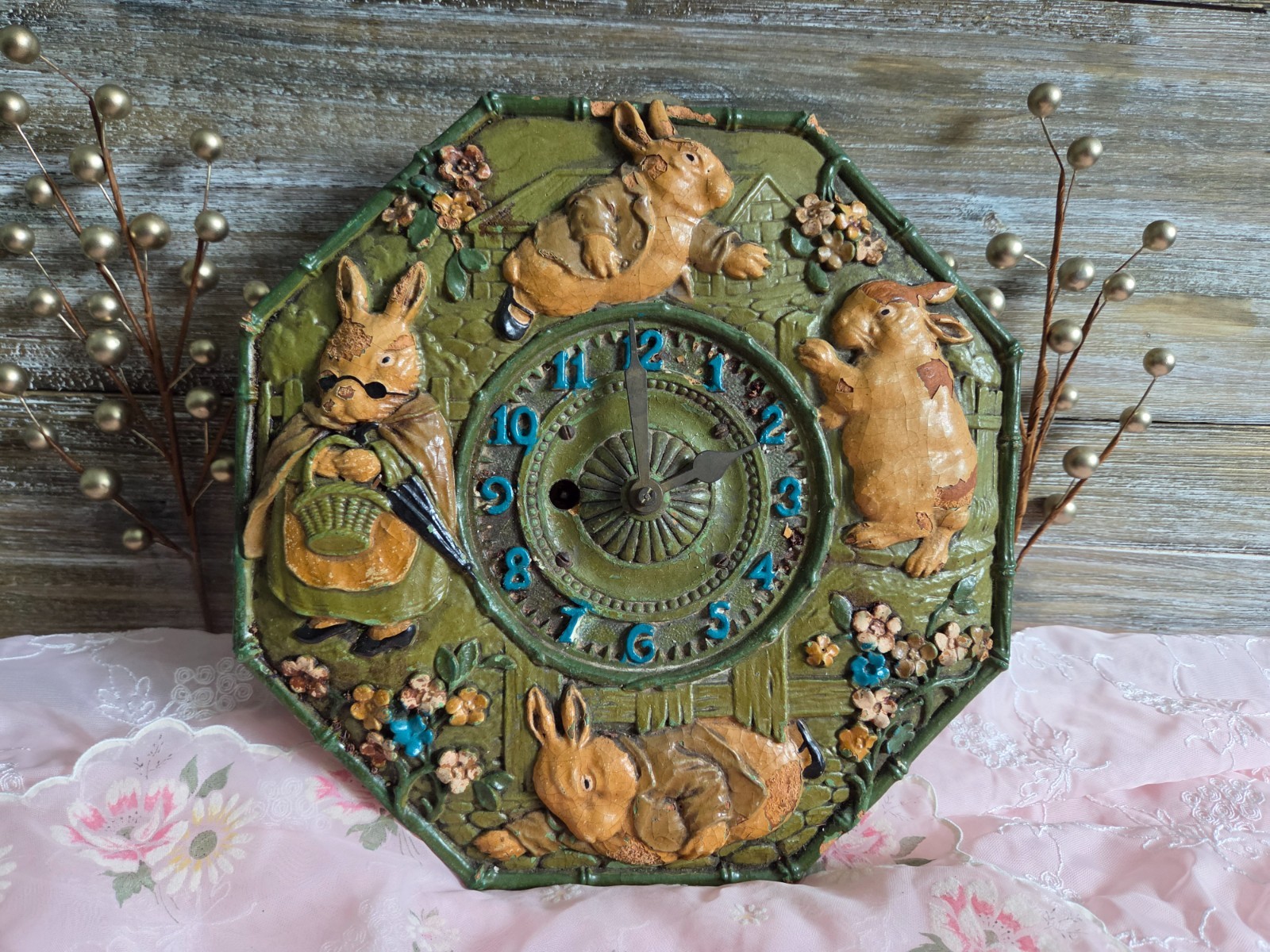 Antique Lux Clock Rabbit Nursery Rhyme 1930's Key-Wind Juvenile Wall Clock