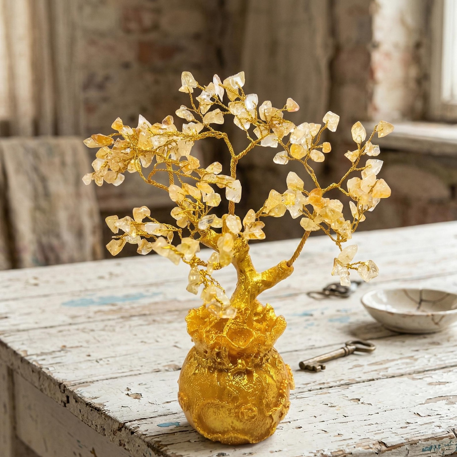Premium Yellow Citrine Gem Tree Decor, Golden Wire Bonsai with Sparkling Chips