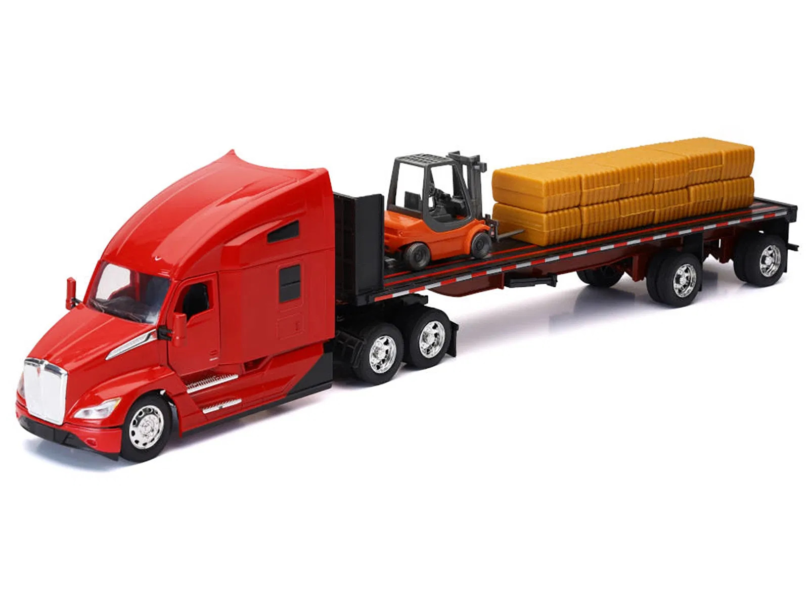 Kenworth T680 Truck Red and Flatbed Trailer with Forklift and Hay Load 