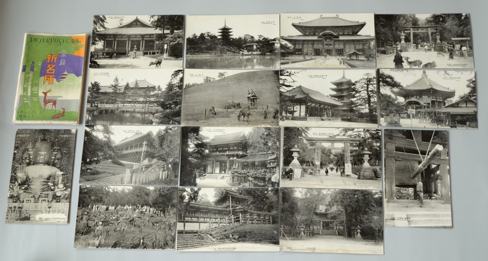 1930s Japan Nara 16 Postcard Complete Set Todaiji Kasuga Deer w/ Folder