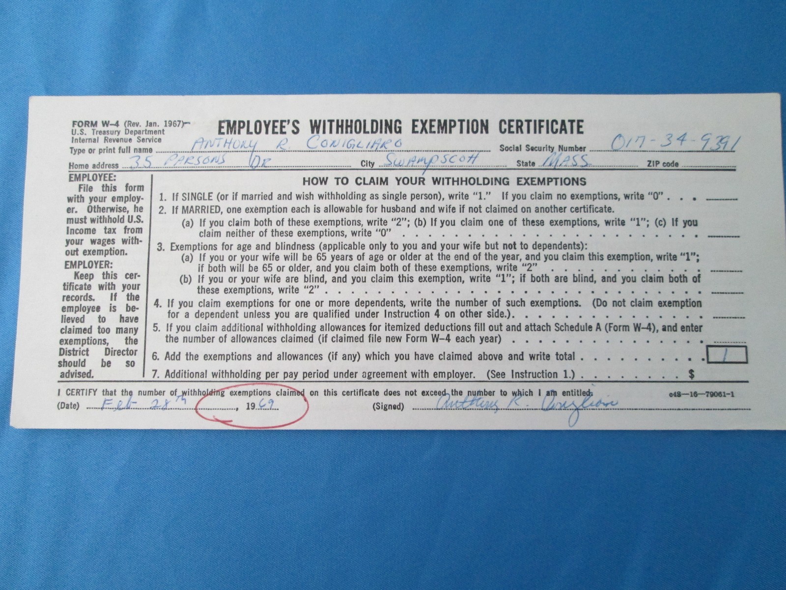 Tony Conigliaro Boston Red Sox Anthony R. Signed Autograph Tax Record  1969
