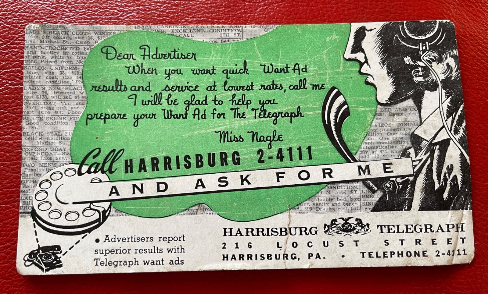 Advertising Ink Blotter  HARRISBURG TELEGRAPH Harrisburg PA Antique