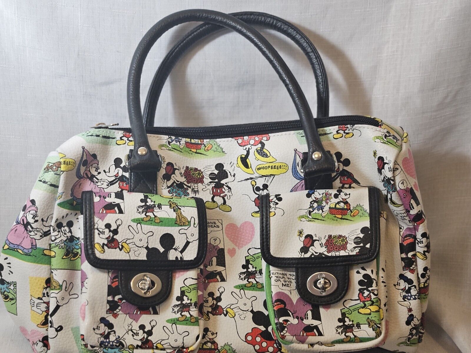 Disney Purse/Handbag, Mickey and Minnie Mouse Cartoon Collage Purse, White